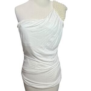 Bebe One Shoulder Top Womens L White Ruched Pearls Embellished Soft Romantic